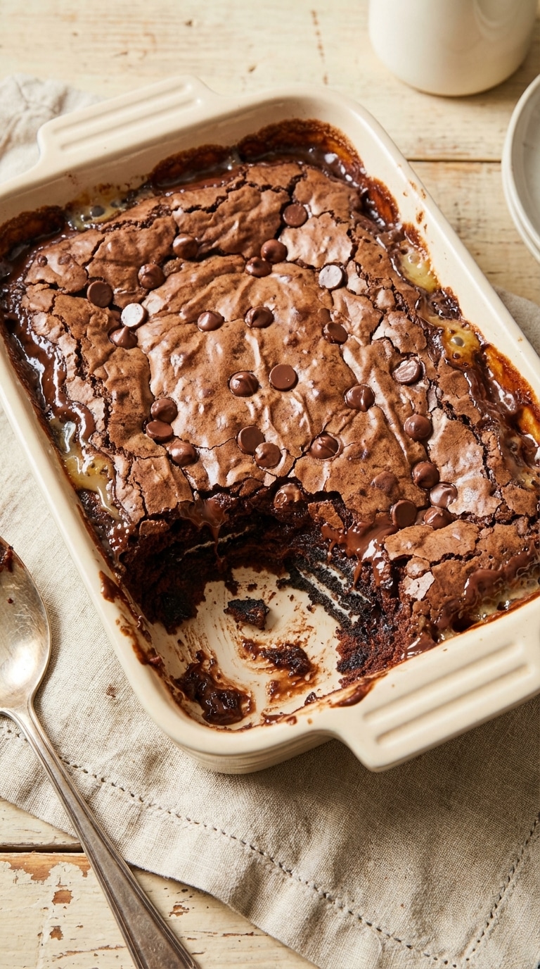 A 9x13 baking dish filled with baked chocolate Oreo dump cake, showing a crinkly crust and gooey, bubbling chocolate edges.