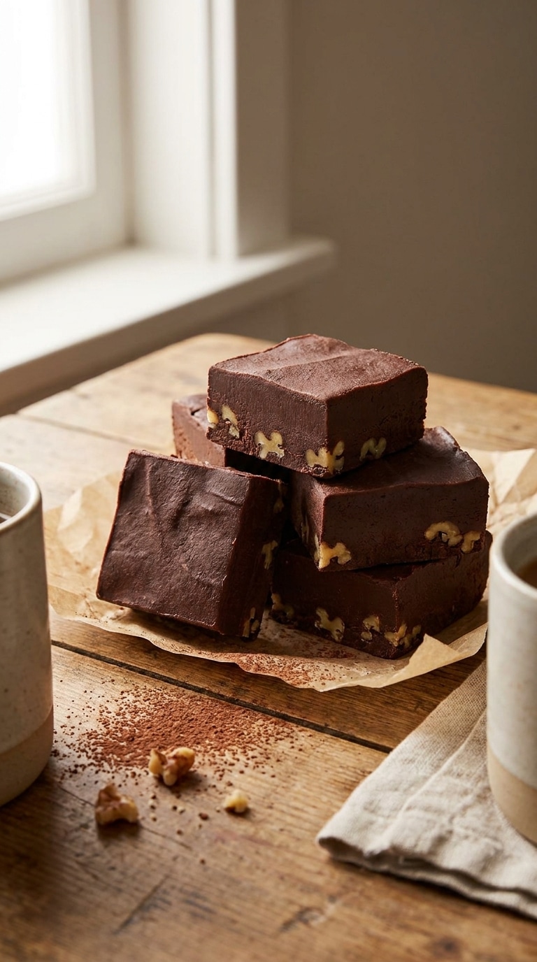 A stack of thick, rich chocolate fudge squares on parchment paper with chopped walnuts inside.