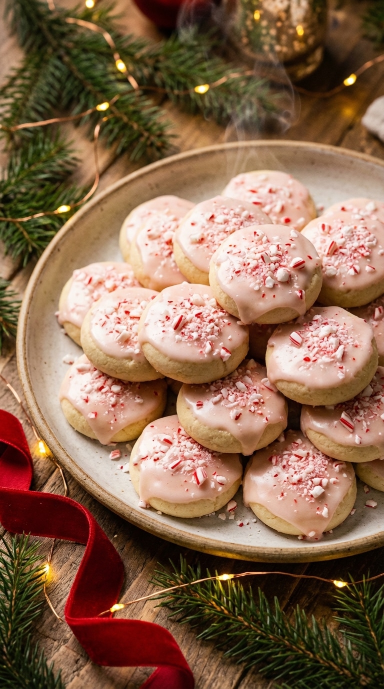 A festive platter of pale butter cookies topped with pink peppermint icing and crushed candy canes, surrounded by pine branches and holiday lights.