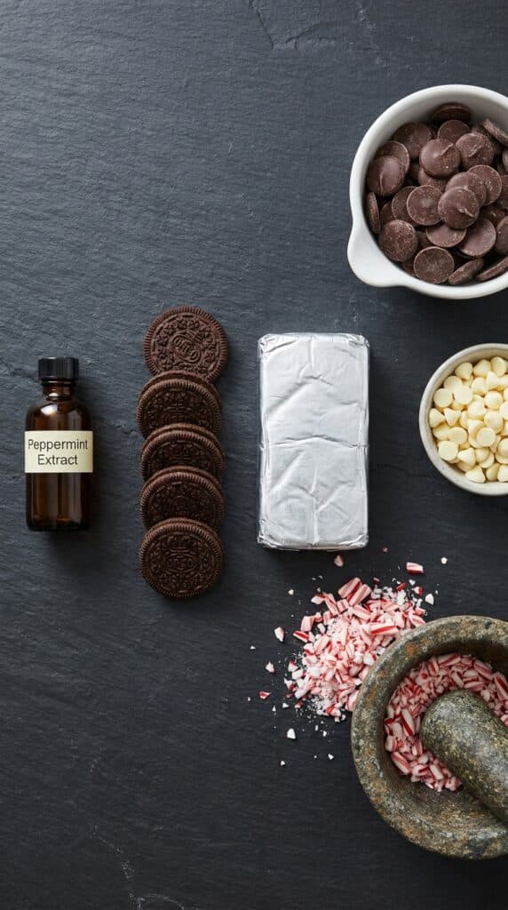 An overhead flat lay of Oreos, cream cheese, peppermint extract, chocolate, and crushed candy canes on a slate board.
