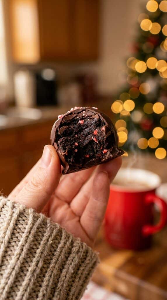 A close-up of a bitten Peppermint Oreo ball, showing the dark, rich cookie center and a smooth chocolate shell.