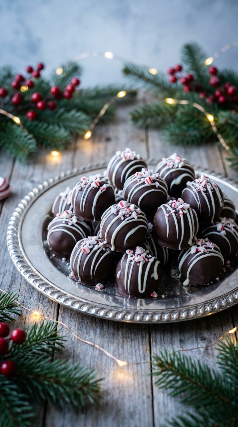 A silver platter holding dark chocolate-covered Oreo balls topped with white drizzle and crushed candy canes.