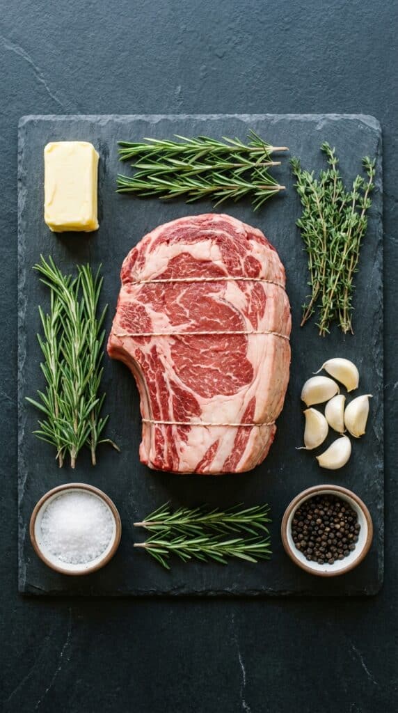 A flat lay showing a large raw bone-in prime rib roast, butter, fresh rosemary, thyme, garlic, and coarse salt on a dark slate board.