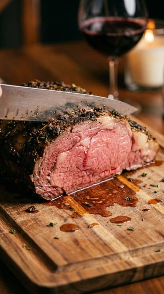 A close-up of a knife slicing a prime rib roast, revealing a perfectly pink, juicy medium-rare center and a dark herb crust.