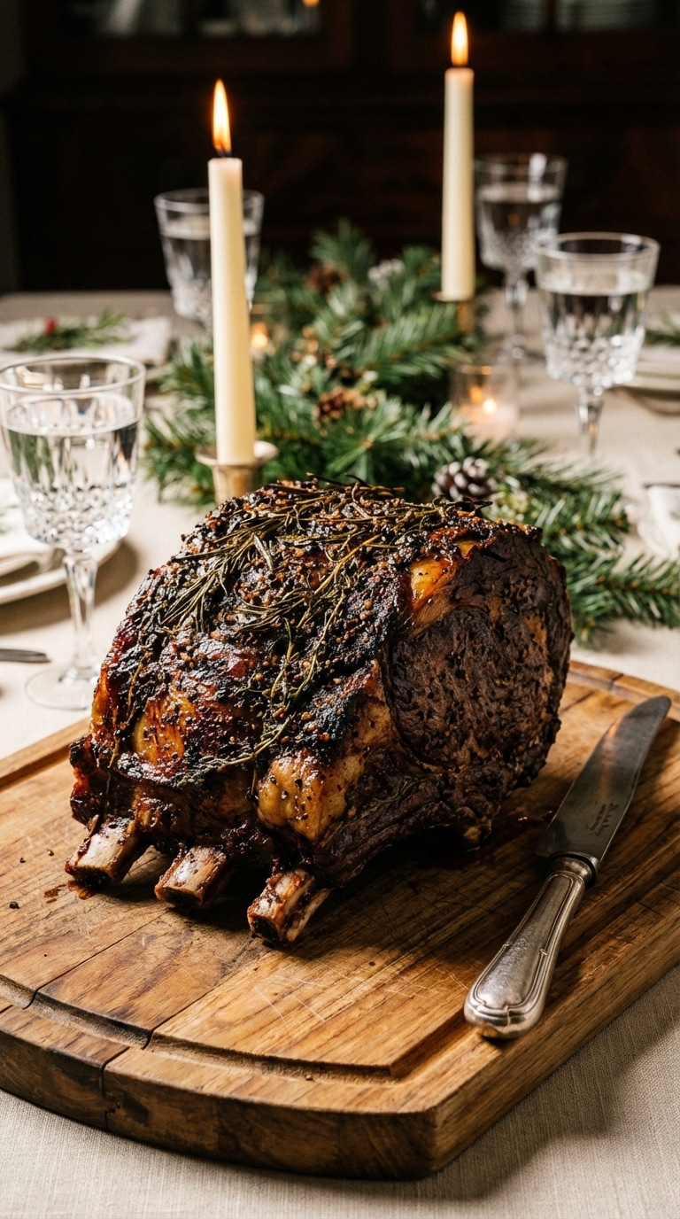 A whole herb-crusted prime rib roast sitting on a wooden carving board on an elegant holiday table with lit candles