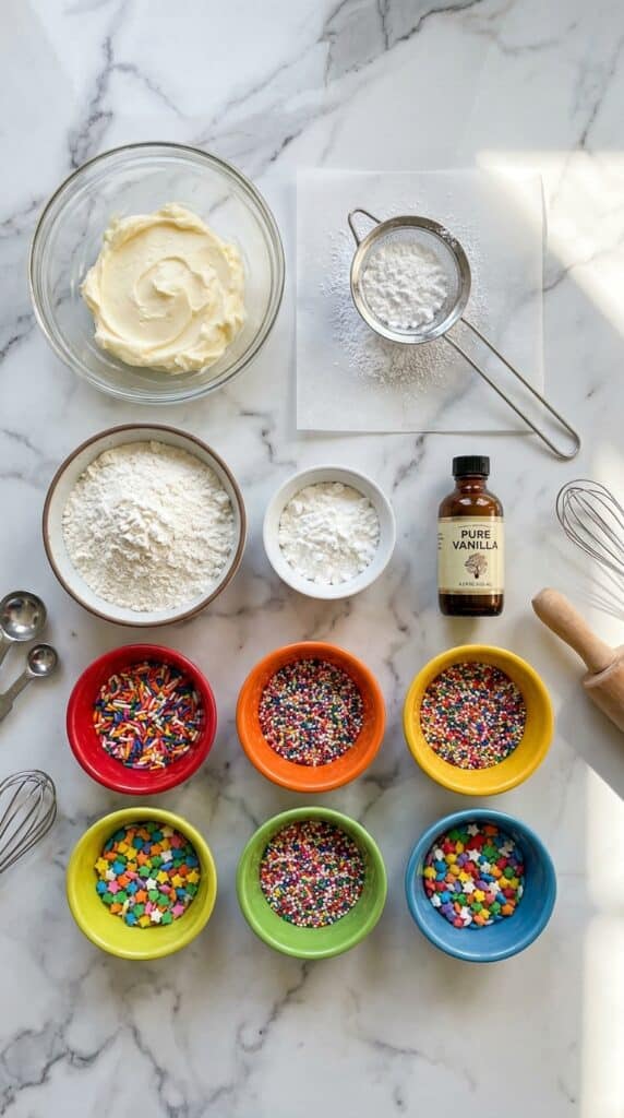 A flat lay showing softened butter, powdered sugar, flour, cornstarch, vanilla extract, and colorful sprinkles on a marble board.