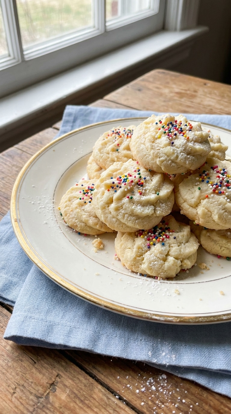 A close-up of a plate filled with pale, buttery whipped shortbread cookies topped with colorful sprinkles.