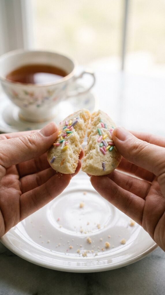 A close-up of a hand breaking a delicate shortbread cookie in half, showing a tender crumb, with a cup of tea in the background.