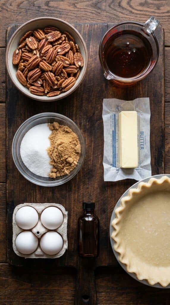 A flat lay showing pecans, dark corn syrup, sugar, eggs, butter, vanilla, and a pie crust on a dark wooden board.