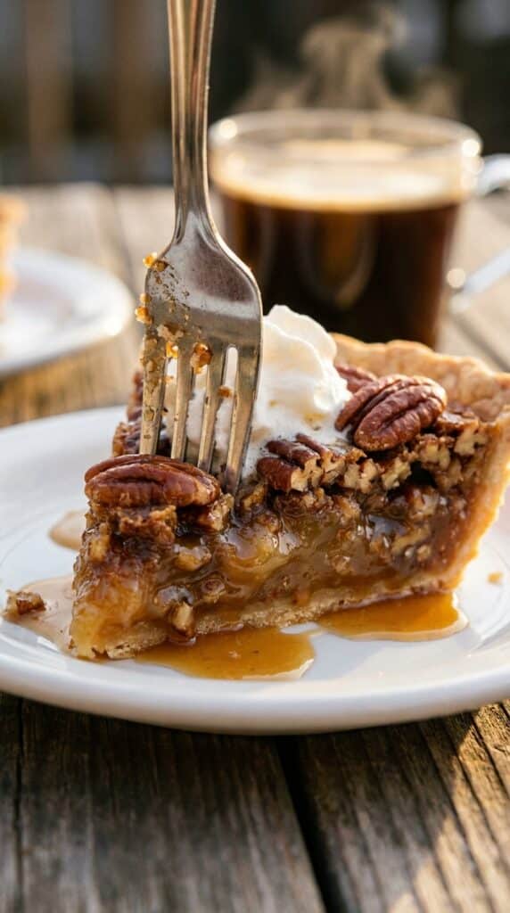 A close-up of a fork cutting into a slice of pecan pie topped with melting vanilla ice cream, showing the gooey amber center.