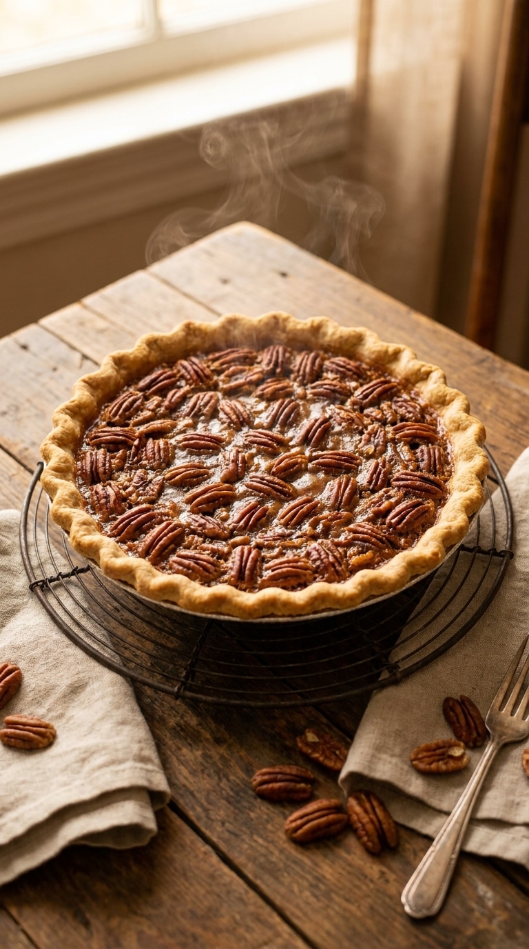 A whole baked pecan pie with a golden crust and a glossy, caramelized pecan topping sitting on a rustic wooden table.