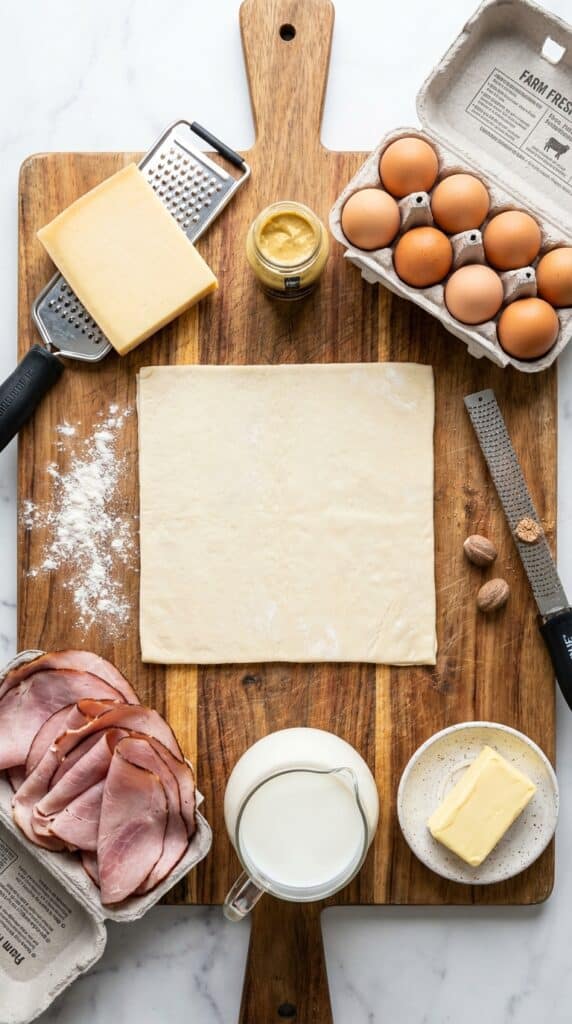 A flat lay showing puff pastry, Gruyere cheese, sliced ham, eggs, milk, butter, Dijon mustard, and nutmeg on a wooden board.