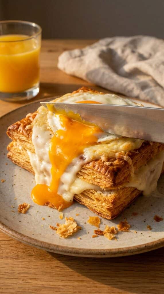 A close-up of a knife breaking a fried egg yolk on top of a savory puff pastry tart, with the bright orange yolk running over the cheese and ham.