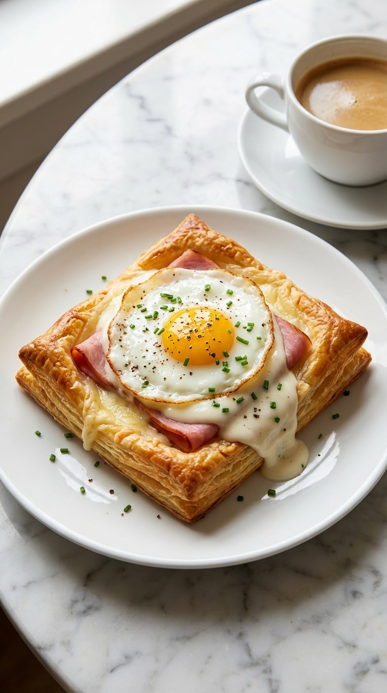 A close-up of a square puff pastry topped with ham, melted cheese, cream sauce, and a sunny-side-up egg on a white plate.