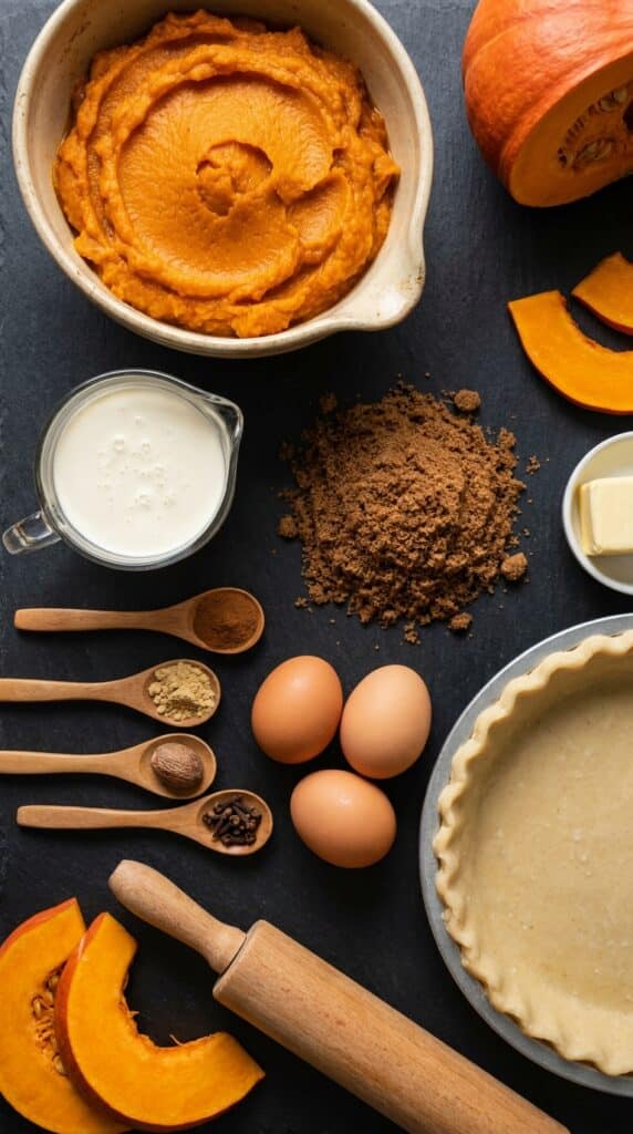 A flat lay showing pumpkin puree, heavy cream, brown sugar, eggs, pie crust, and warm spices on a dark slate board.