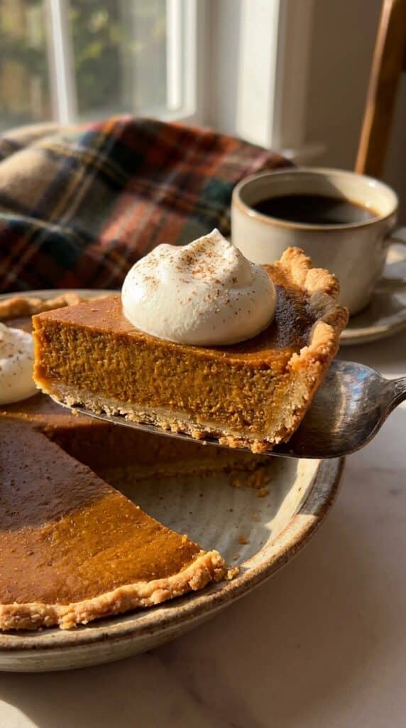 A close-up of a pie server lifting a thick, smooth slice of pumpkin pie topped with whipped cream, showing the flaky crust.