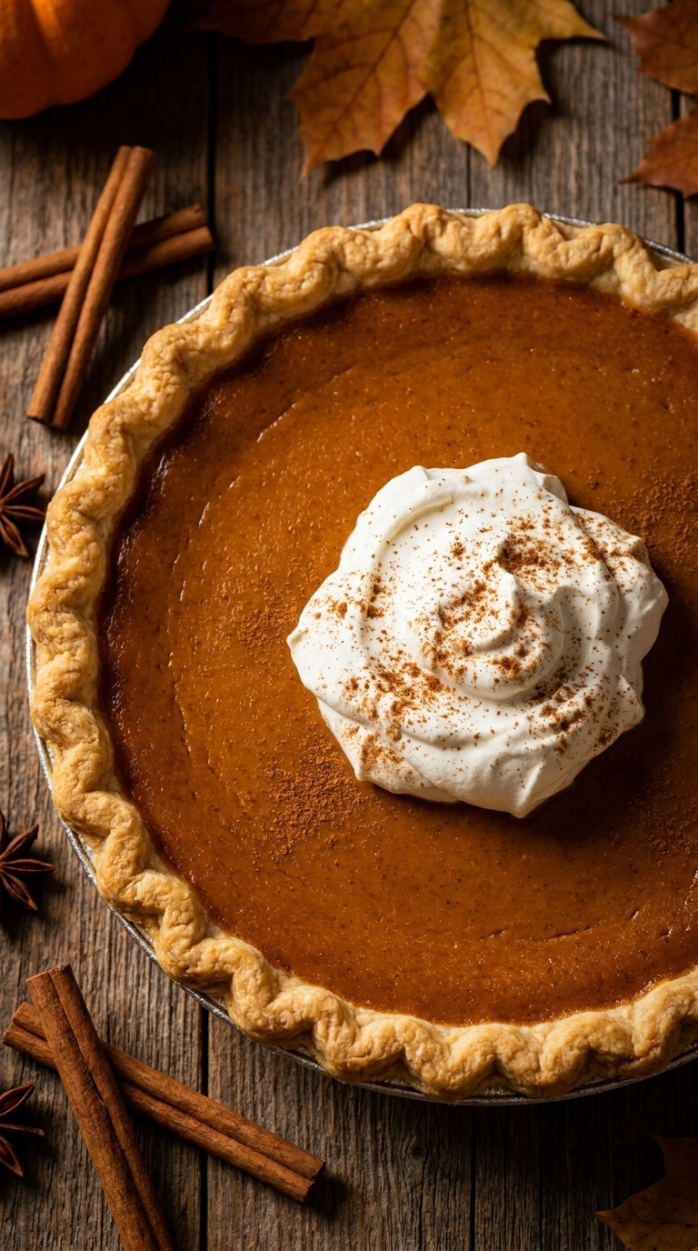 A whole baked pumpkin pie with a golden crust and a dollop of whipped cream on a rustic wooden table with autumn spices.