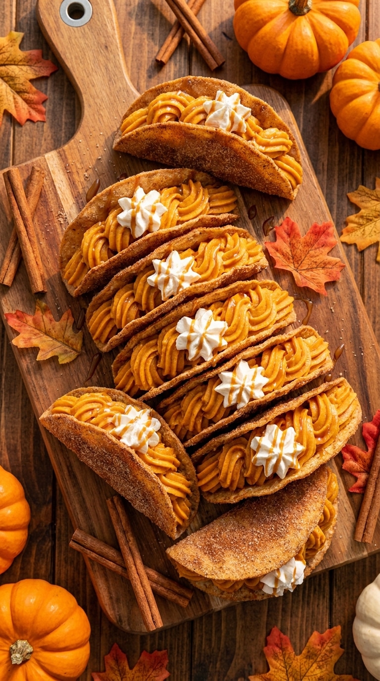 A wooden board filled with crispy cinnamon sugar dessert tacos stuffed with creamy pumpkin pie filling and topped with whipped cream.