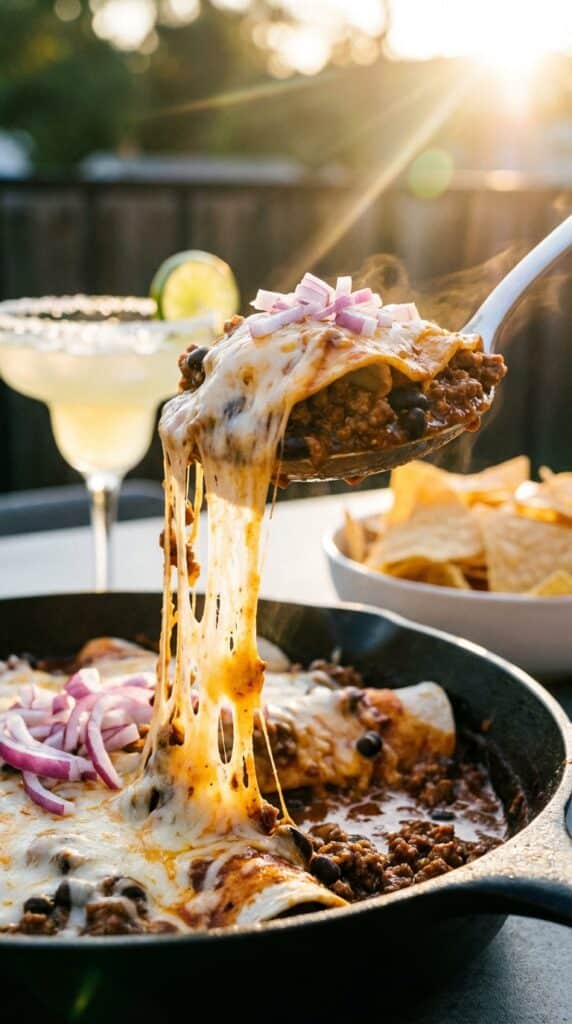A close-up of a serving spoon lifting a scoop of cheesy beef enchilada skillet out of the pan, with a long cheese pull and fresh onions on top.