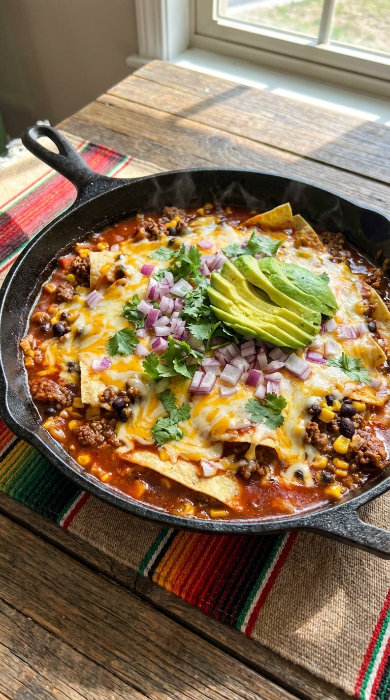 A cast iron skillet filled with a deconstructed beef enchilada casserole, topped with melted cheese, fresh diced red onions, and cilantro.