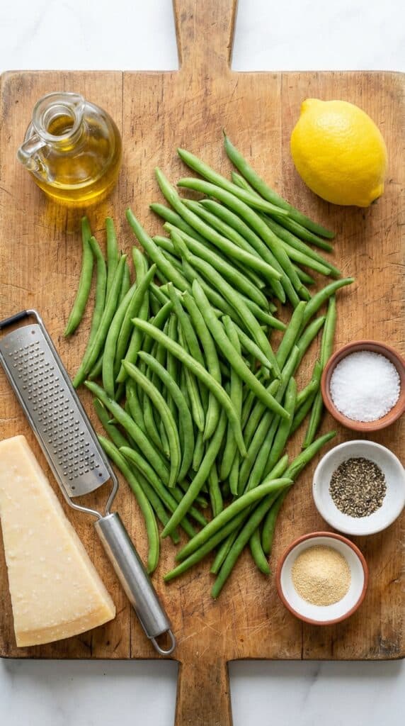 A flat lay showing fresh green beans, a parmesan wedge, olive oil, a lemon, and spices on a wooden cutting board.
