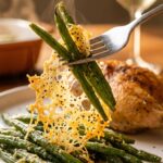 A close-up of a fork lifting roasted green beans held together by a crispy, lacy crust of melted parmesan cheese.