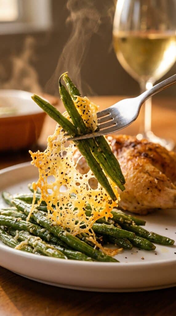 A close-up of a fork lifting roasted green beans held together by a crispy, lacy crust of melted parmesan cheese.