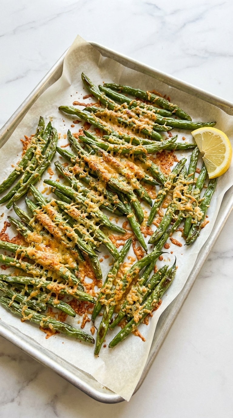 A top-down view of a baking sheet filled with roasted green beans coated in crispy, golden-brown parmesan cheese.