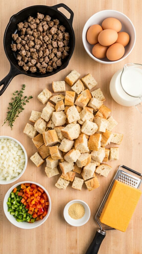 A flat lay showing cubed bread, eggs, milk, crumbled sausage, sharp cheddar cheese, and spices on a wooden board.