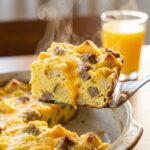 A close-up of a spatula lifting a steaming square of breakfast casserole, showing fluffy layers of egg, bread, sausage, and cheese.