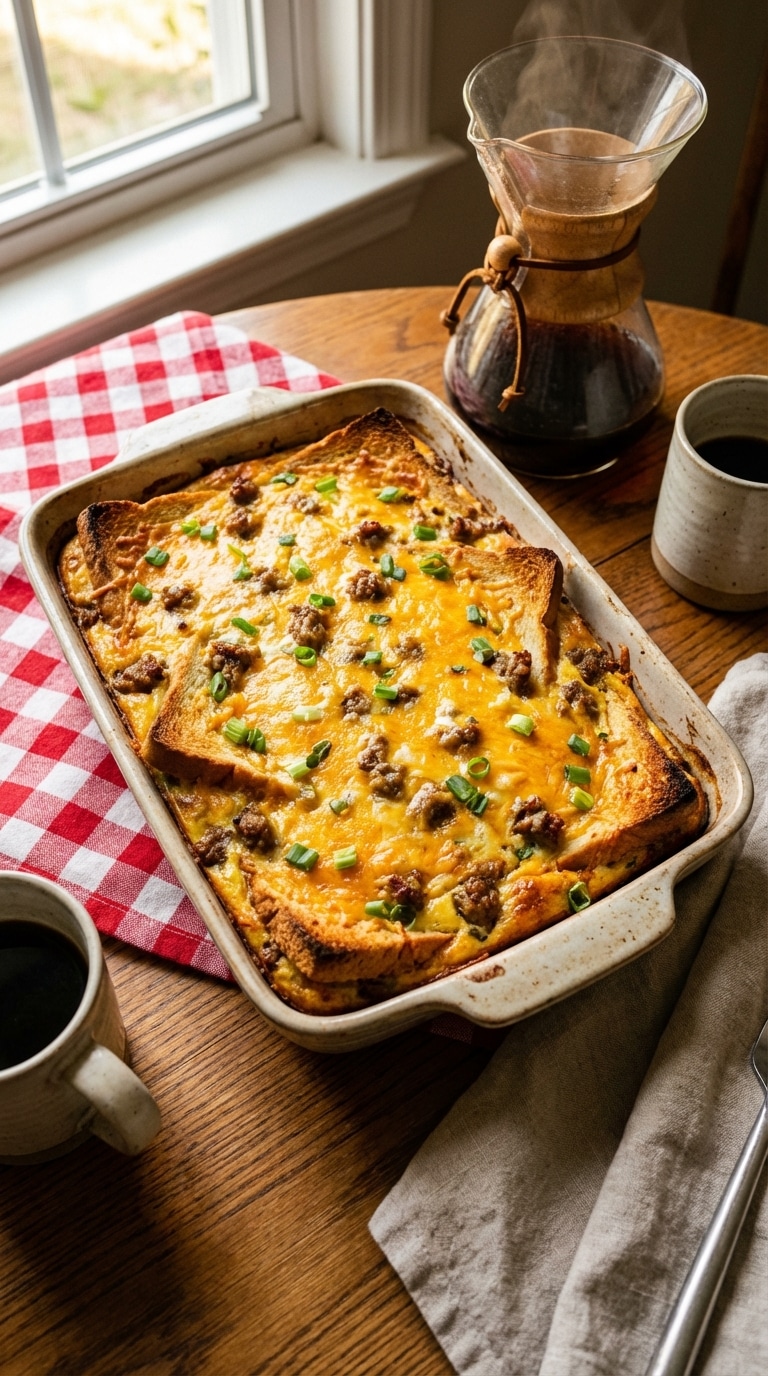 A rustic baking dish filled with golden-brown baked breakfast casserole topped with melted cheddar, sausage, and green onions.