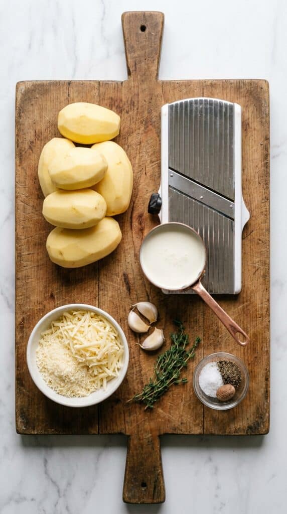 An overhead flat lay of ingredients including peeled potatoes, a mandoline, cream, cheeses, garlic, and fresh herbs on a wood board.