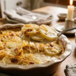 A close-up shot of a serving spoon lifting a portion of creamy, cheesy scalloped potatoes from a baking dish.