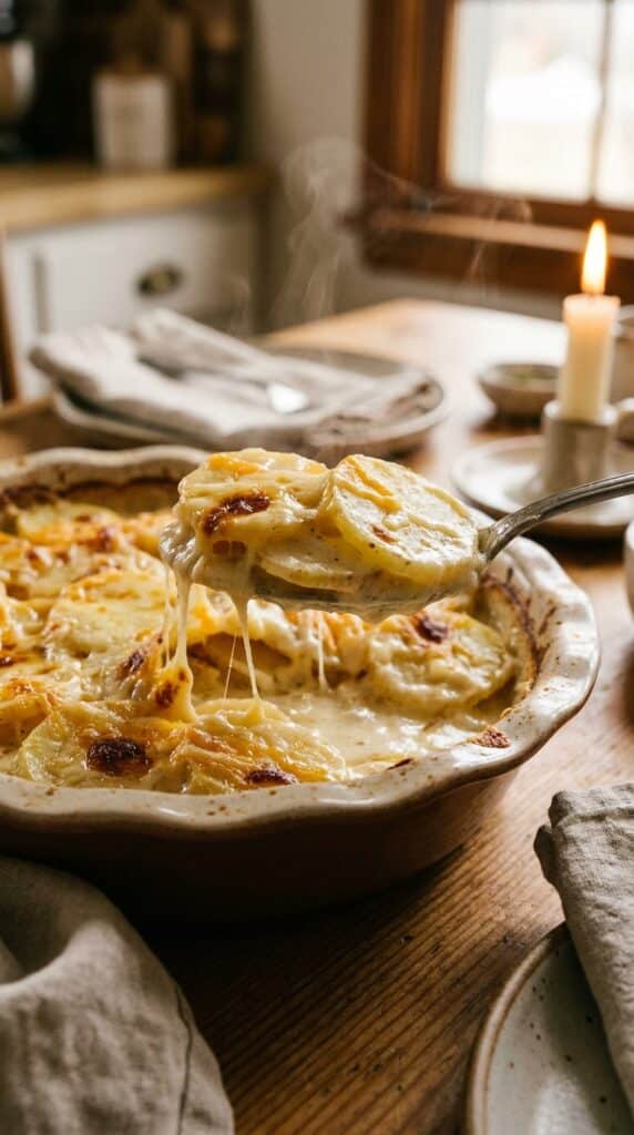 A close-up shot of a serving spoon lifting a portion of creamy, cheesy scalloped potatoes from a baking dish.