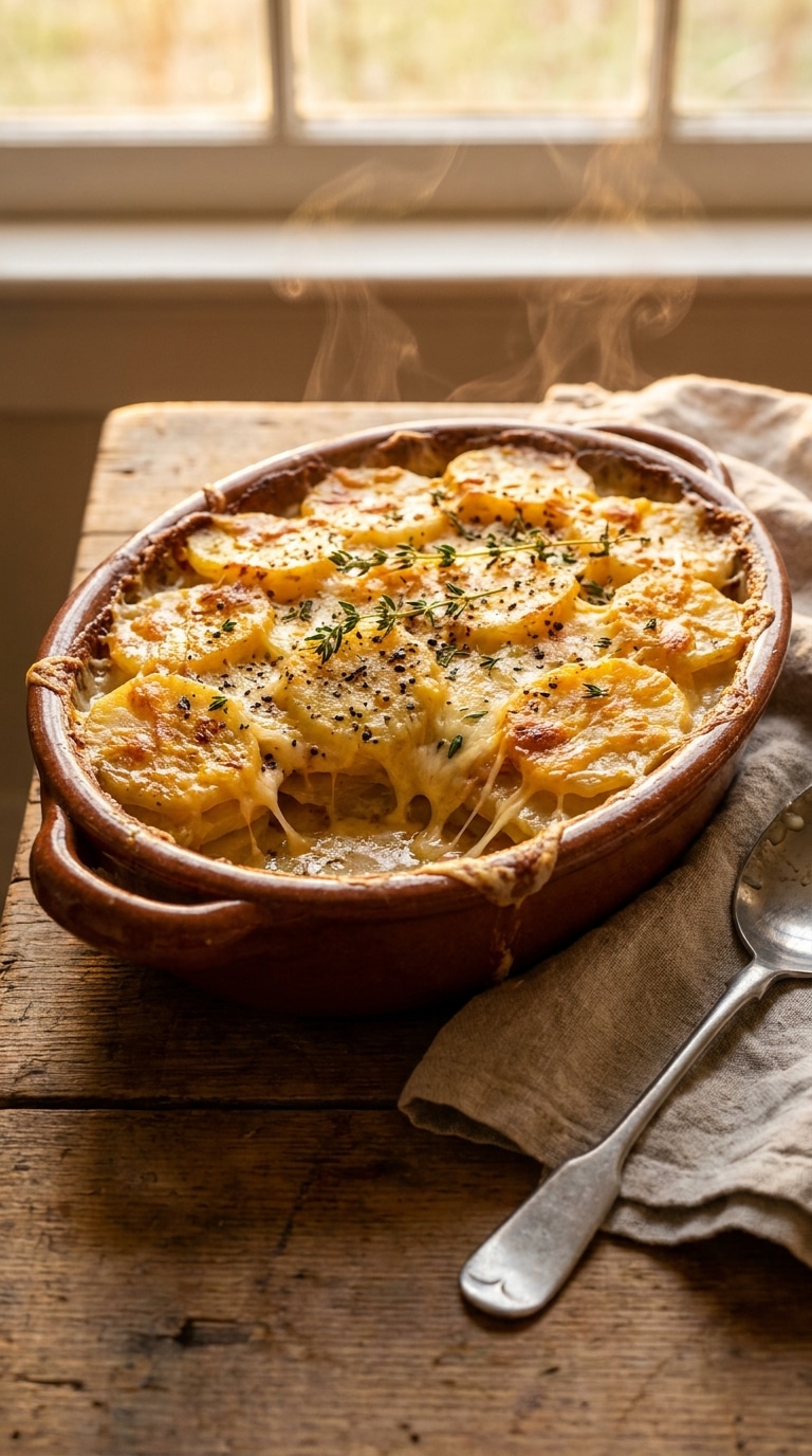 A golden-brown, bubbling pan of Scalloped Potatoes topped with fresh thyme and melted cheese.