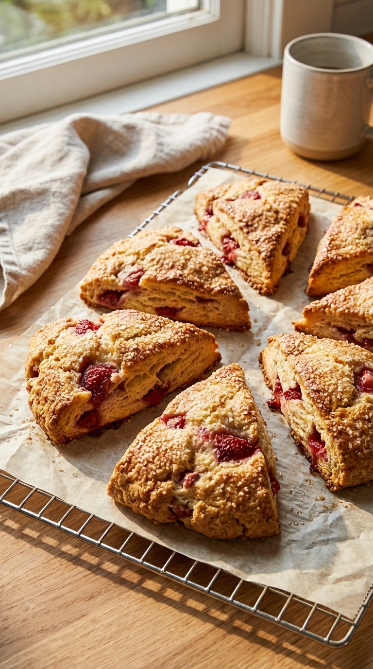 A wire cooling rack holding freshly baked, golden-brown triangular strawberry scones topped with coarse sugar.