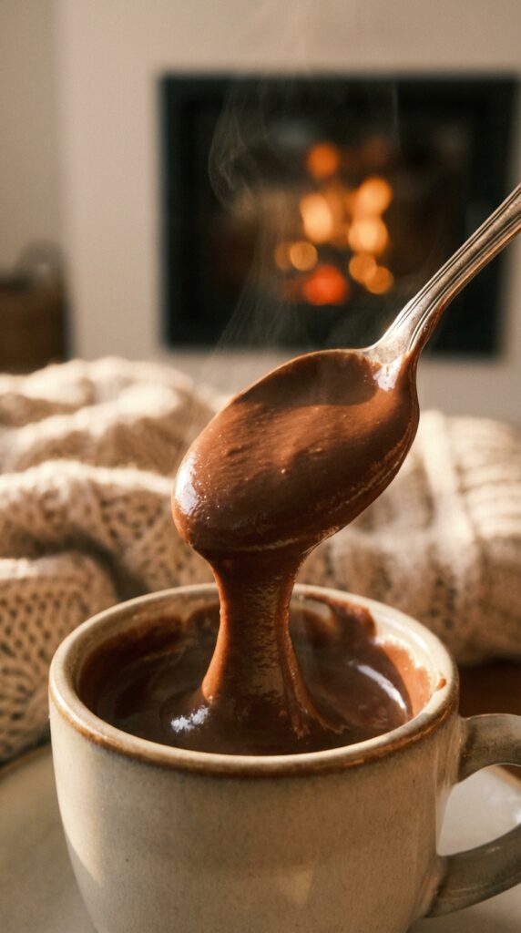 A close-up of a silver spoon holding a thick, glossy scoop of Italian hot chocolate, dripping slowly, with a fireplace in the background.