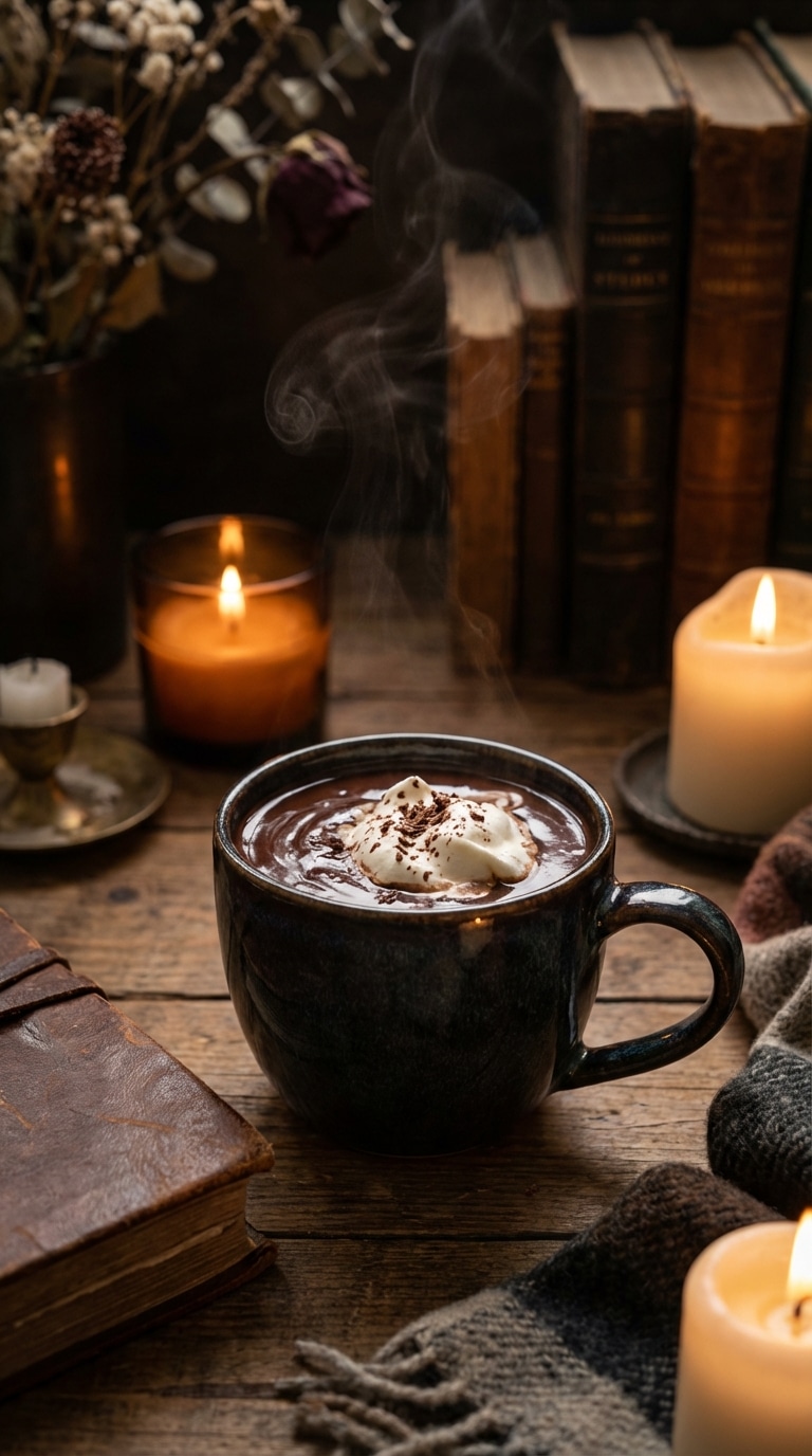 A close-up of a mug filled with thick, glossy dark hot chocolate topped with melting whipped cream and chocolate shavings.