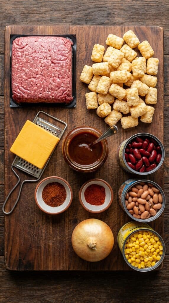 A flat lay showing ground beef, tater tots, cheddar cheese, BBQ sauce, canned beans, corn, onions, and spices on a dark wooden board.
