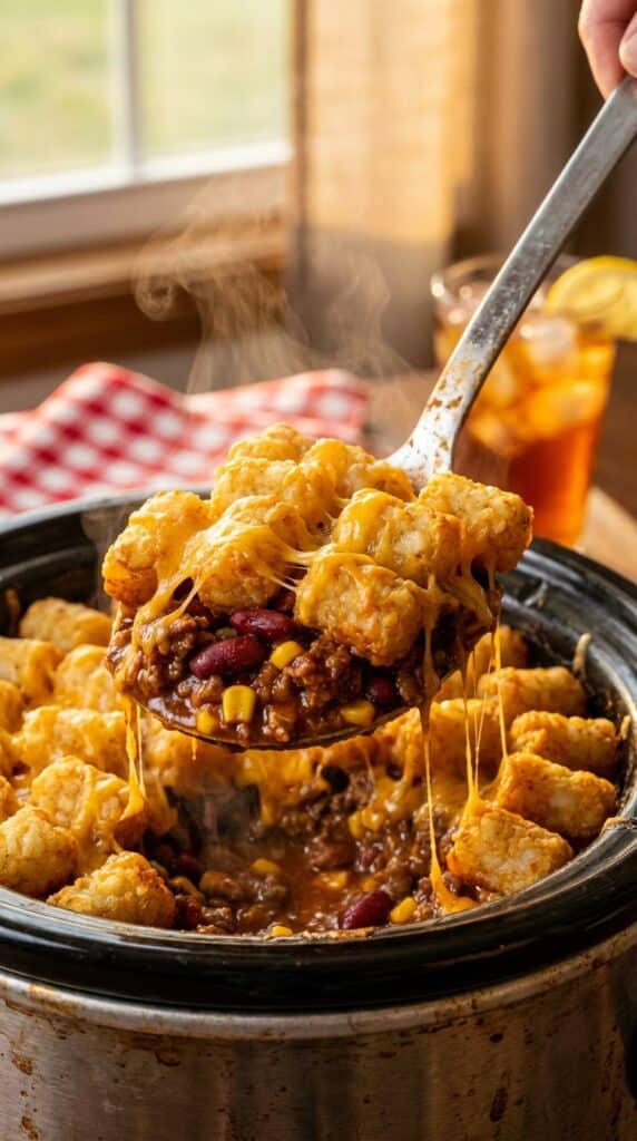 A close-up of a serving spoon lifting a large, cheesy scoop of tater tot and ground beef casserole, with a long cheese pull.