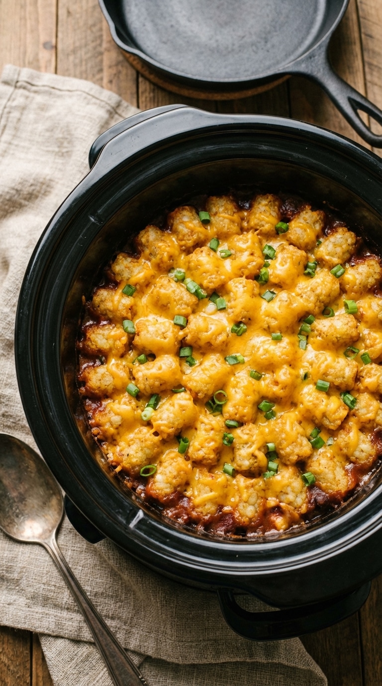A top-down view into a slow cooker filled with a ground beef and bean casserole, topped with melted cheese, tater tots, and green onions.