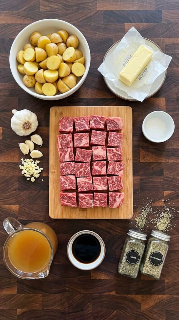 A flat lay showing raw cubed beef, baby yellow potatoes, butter, garlic, beef broth, soy sauce, and herbs on a dark wooden board.