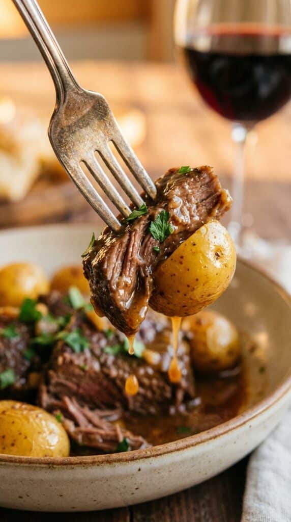 A close-up of a fork holding a tender bite of beef and a baby potato dripping with garlic butter sauce, with a bowl of food and red wine in the background.