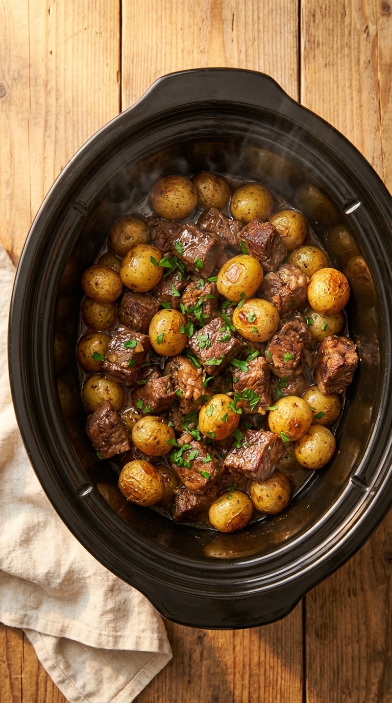 A top-down view of a slow cooker filled with tender beef chunks and baby potatoes glistening in a rich garlic butter sauce, topped with fresh parsley.