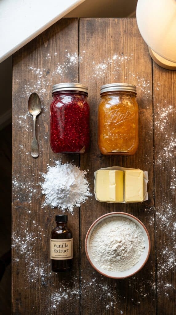 A flat lay showing jars of red and orange jam, powdered sugar, butter, flour, and vanilla extract on a wooden board.