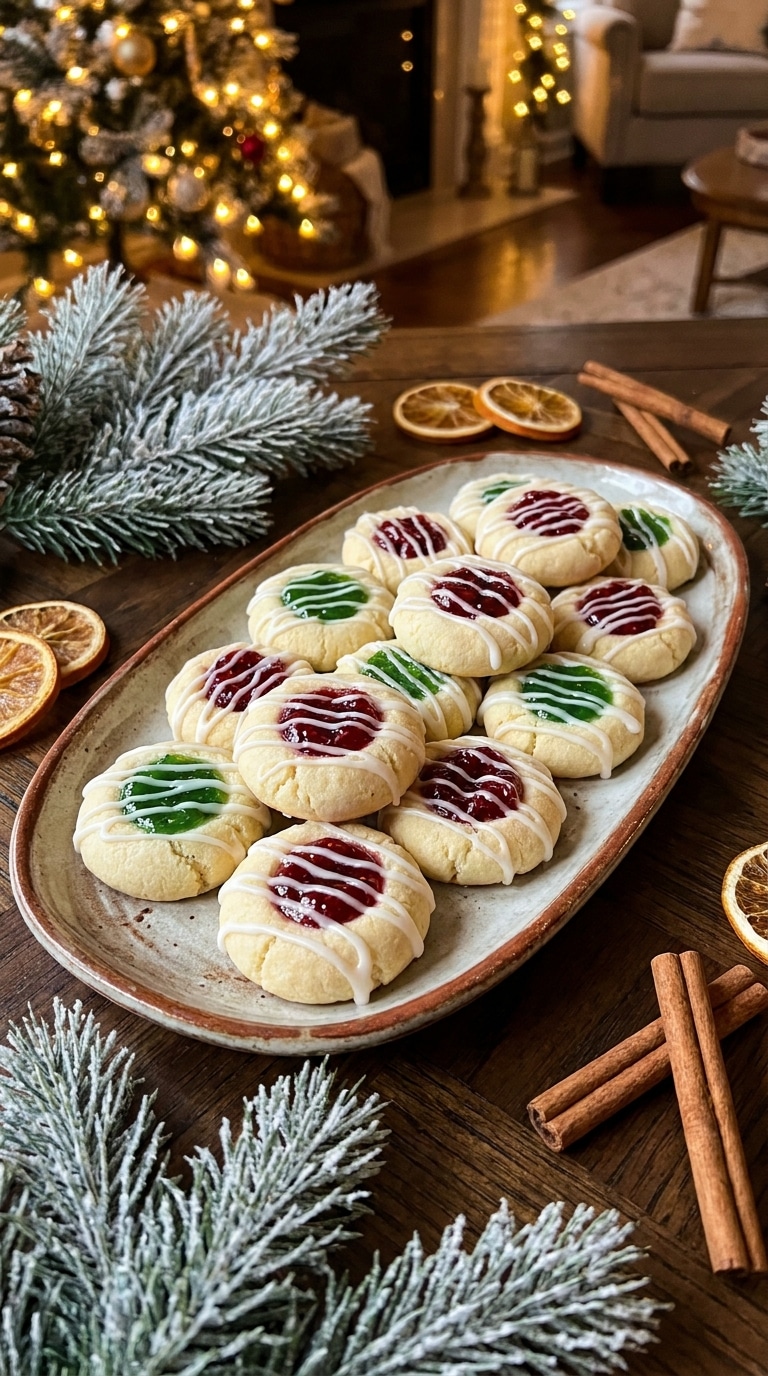 A holiday platter filled with round shortbread cookies featuring glossy red and green jam centers and a white glaze drizzle.