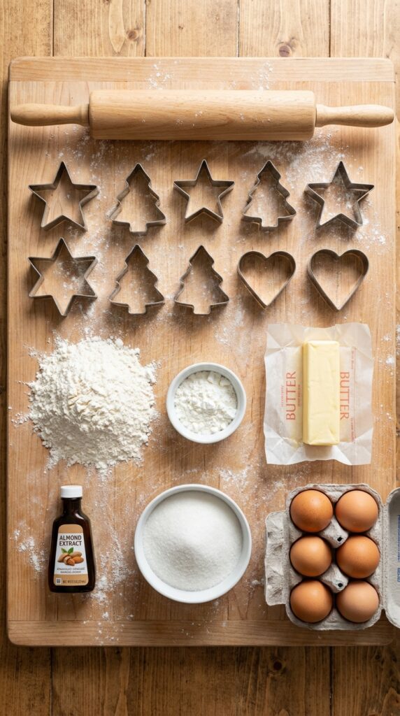 A flat lay showing a rolling pin, metal cookie cutters, flour, cornstarch, butter, sugar, and almond extract on a floured wooden board.