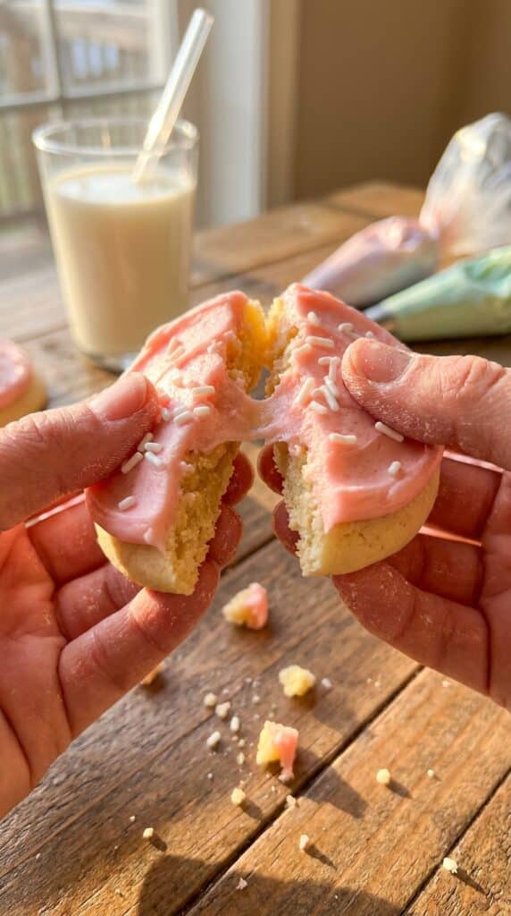 A close-up of hands breaking a thick, frosted sugar cookie in half, showing a very soft and tender interior crumb.