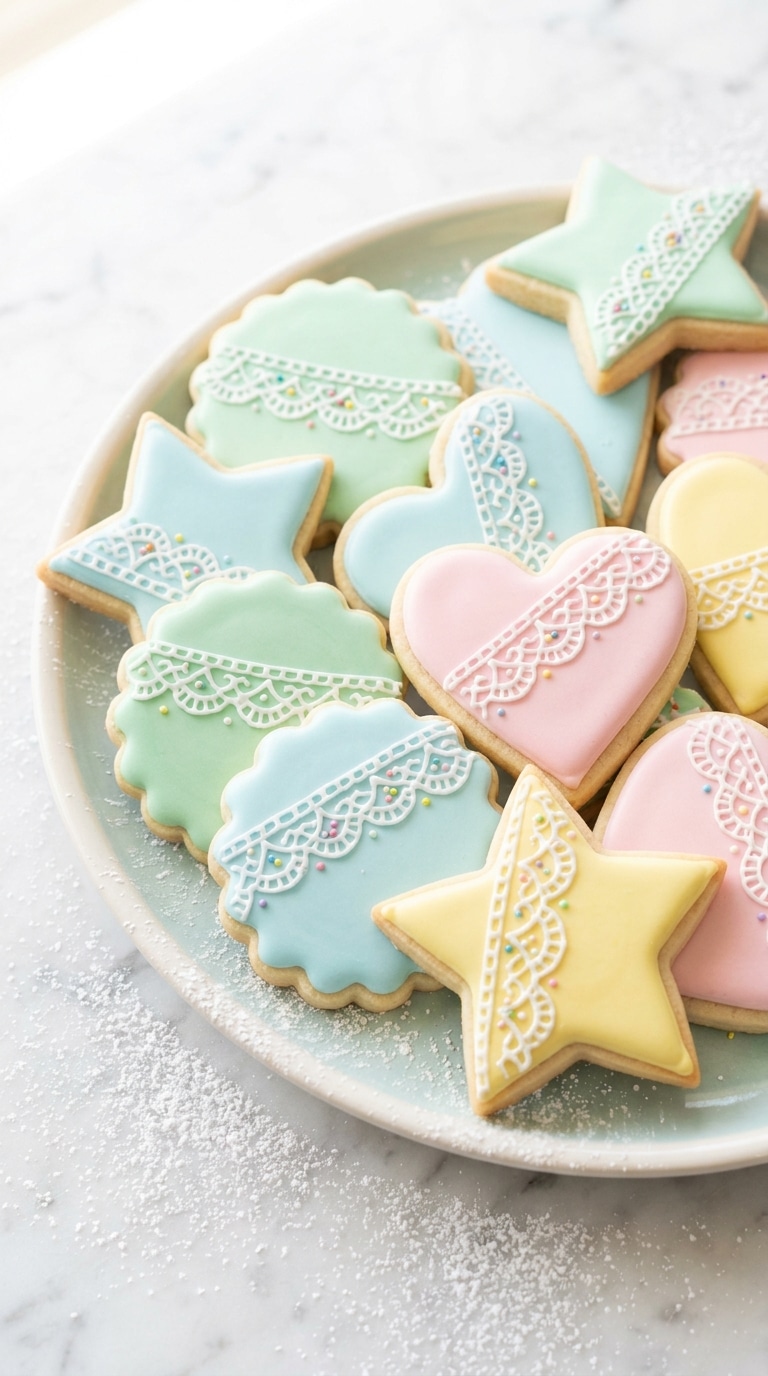 A platter of thick, perfectly shaped sugar cookies in star and heart shapes, decorated with smooth pastel royal icing.