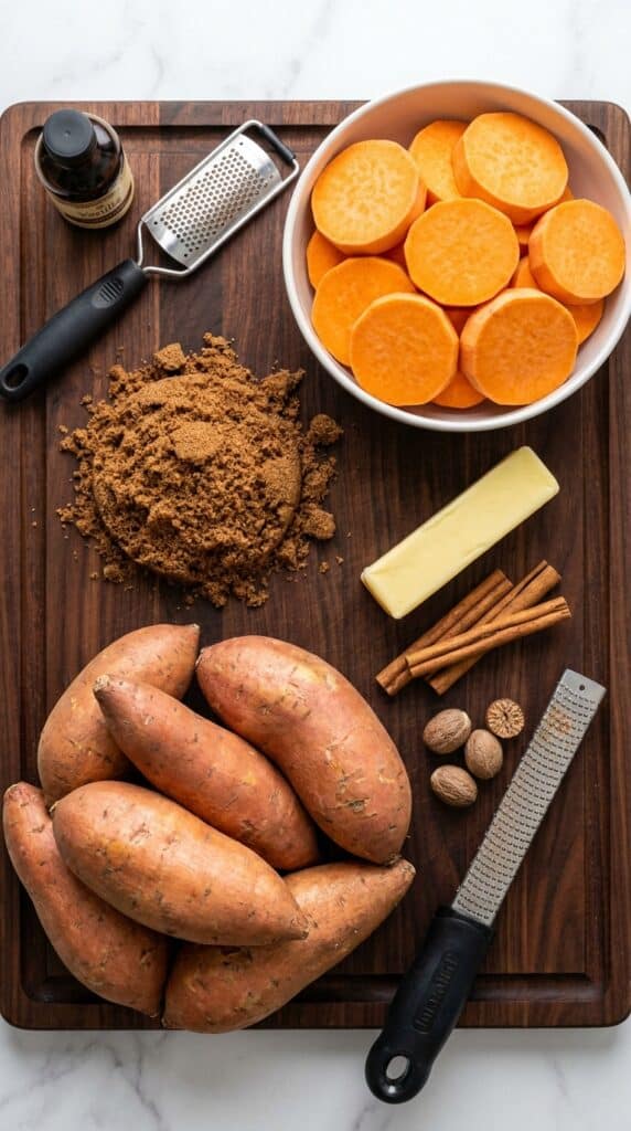 A flat lay showing whole and sliced sweet potatoes, dark brown sugar, butter, cinnamon sticks, nutmeg, and vanilla extract on a wooden board.